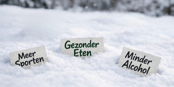 Goede voornemens zoals gezonder eten, meer sporten en minder alcohol geschreven op kaartjes in de sneeuw